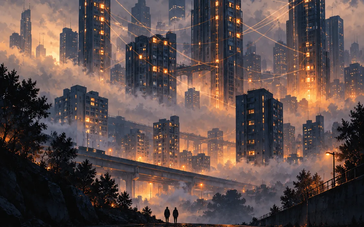 Illustration: a foggy city street with thin lines of light between buildings and a small robot beside two people