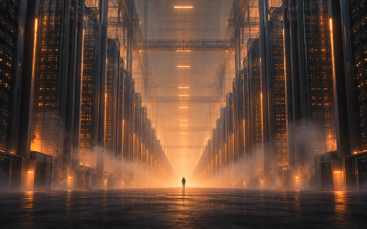 Illustration: a huge data center campus under construction with cranes and a large orange sun
