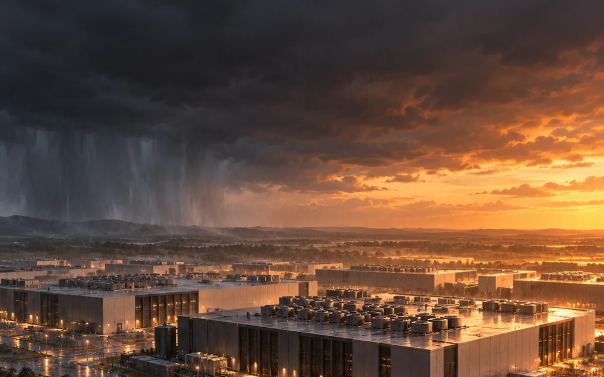 Illustration: a data center campus as a storm clears, rain on one side and warm evening light on the other