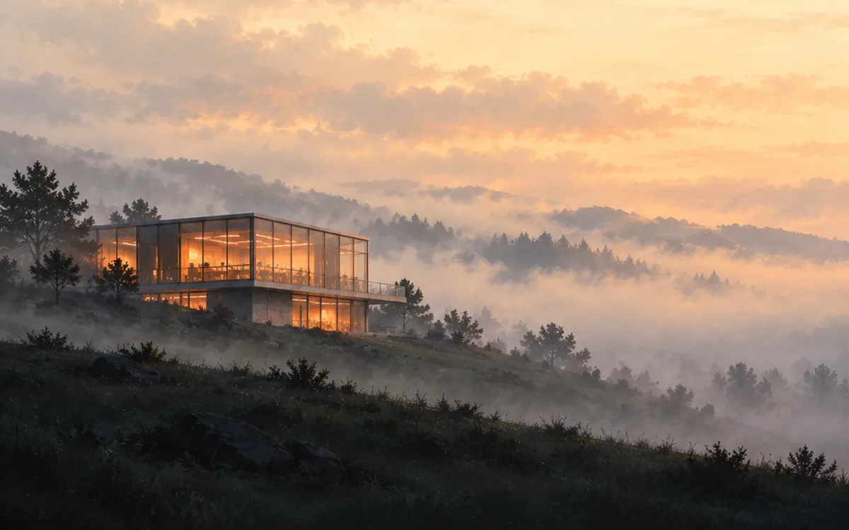Illustration: a glass research campus on a foggy hill with server towers and a large orange sun