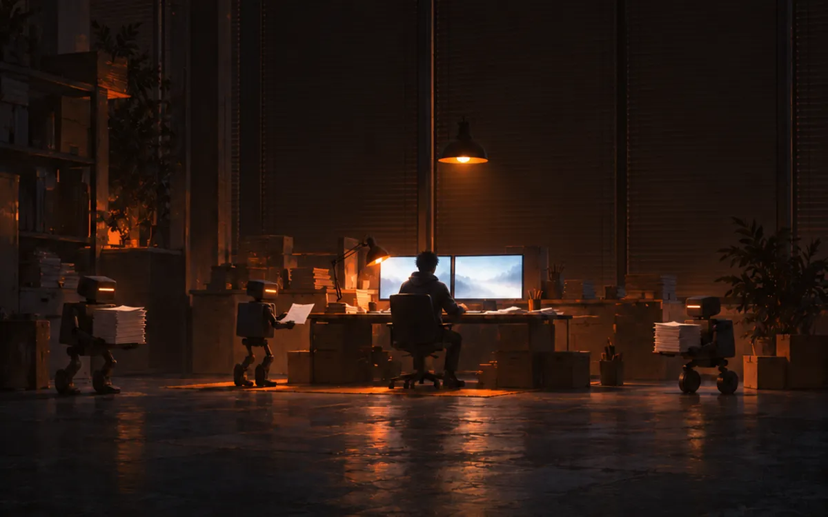 Illustration: one person at a desk with two screens in a dark room, small robots carrying papers around them