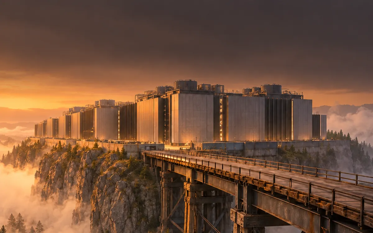 Illustration: a data center on a misty cliff, reached by a long timber-and-steel bridge