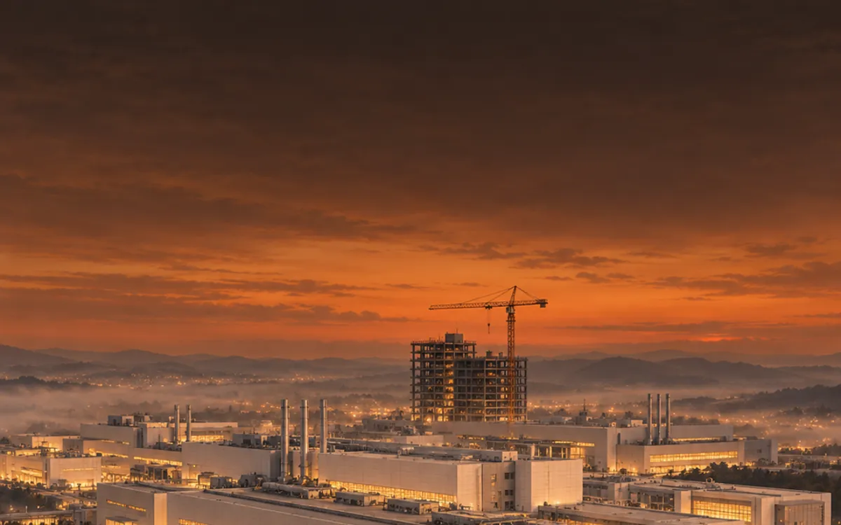 Illustration: a large chip factory in evening fog, with a tall building under construction in the distance