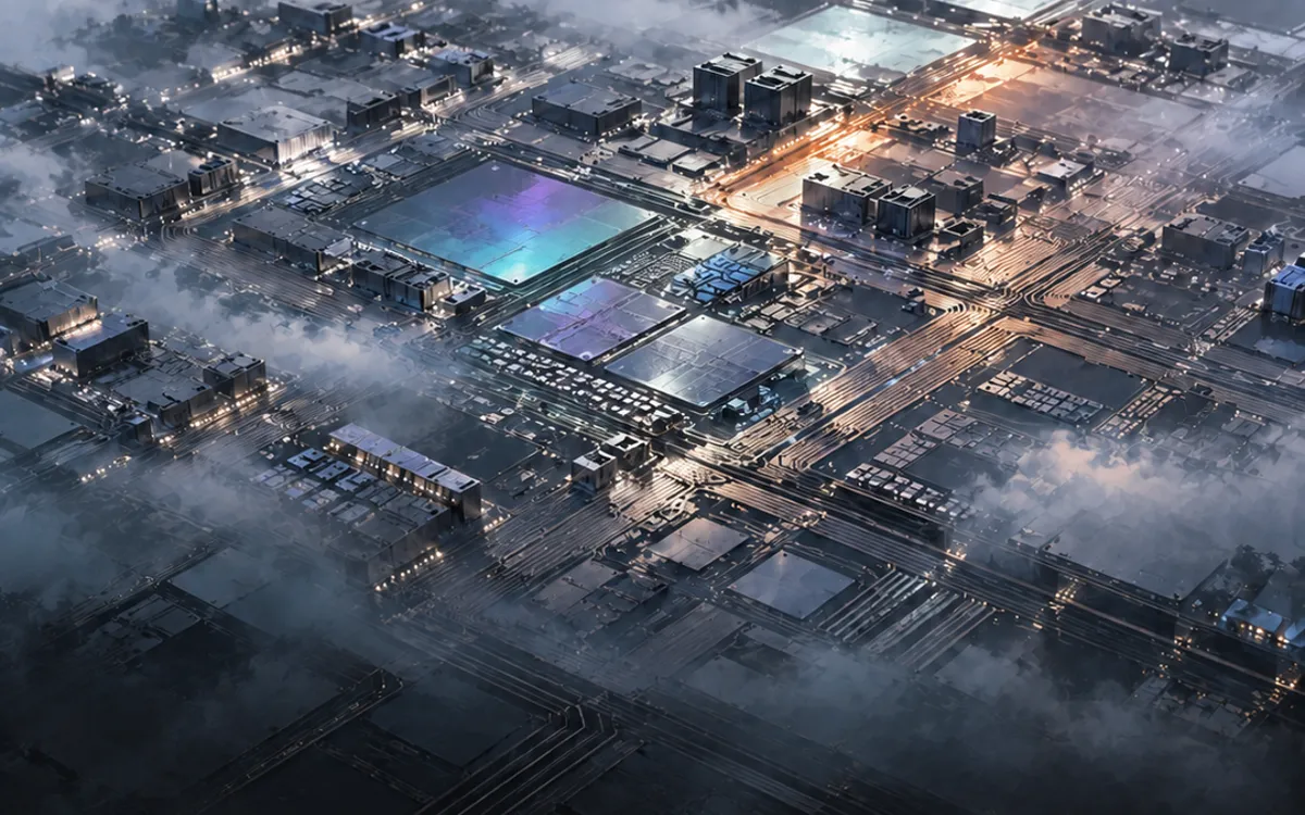 Illustration: a small city of stacked buildings around a large central building in fog, with an orange sun