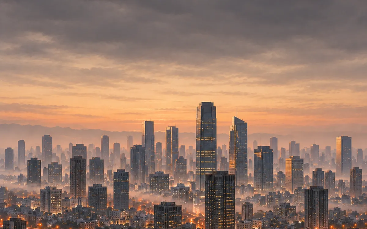 Illustration: a large city at dawn with a highway interchange splitting three ways