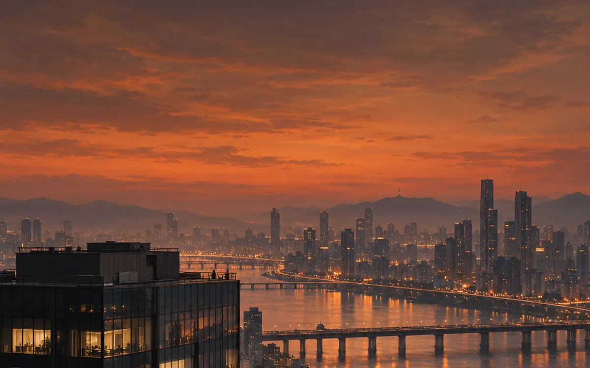 Illustration: a foggy city at dusk seen from above, with a river and a tall glass building