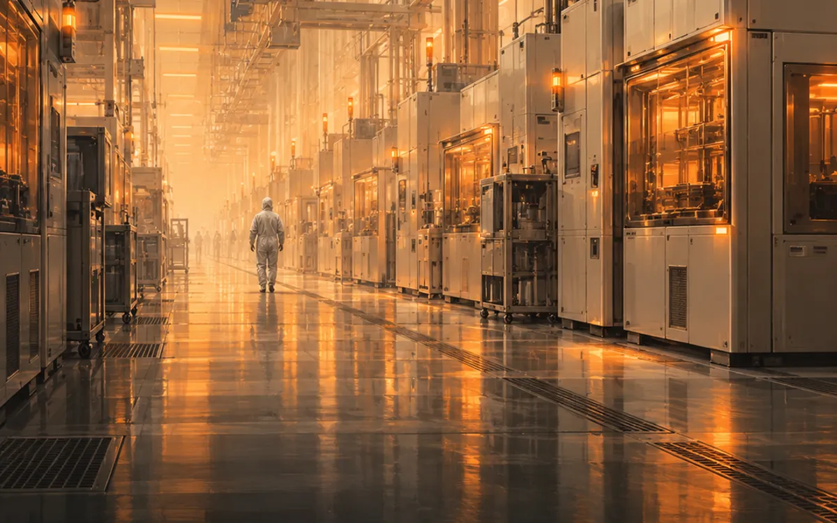 Illustration: a chip factory interior in warm light and fog