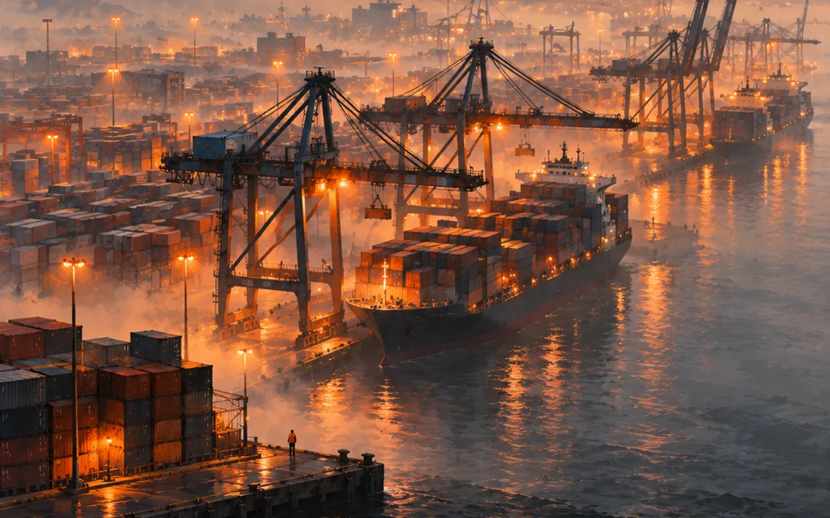 Illustration: a foggy port with containers and cranes under a large orange sun