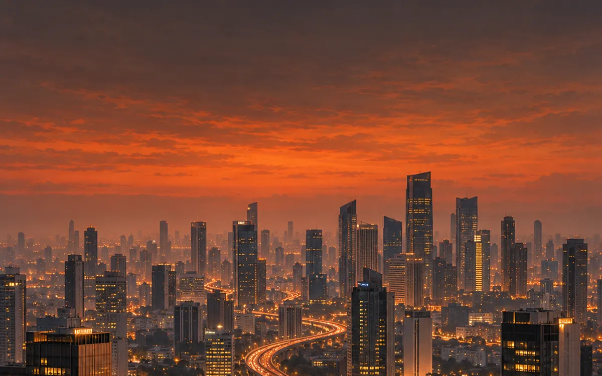 Illustration: a city skyline in evening fog with orange lights on an elevated highway