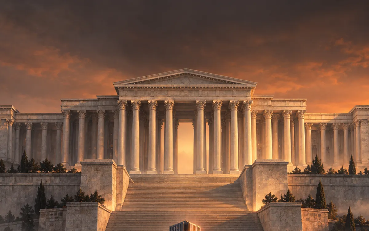 Illustration: a classical stone hall above wide steps, with a lone modern tower waiting below in fog