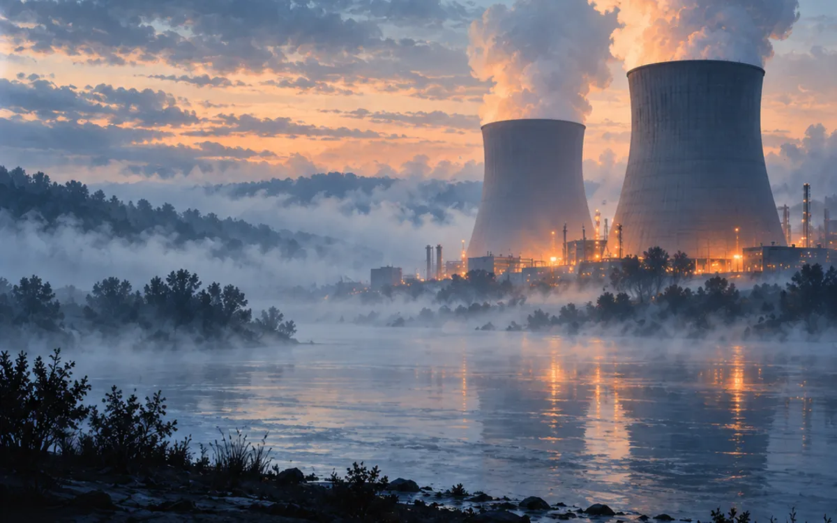 Illustration: two nuclear cooling towers in fog with a large orange sun
