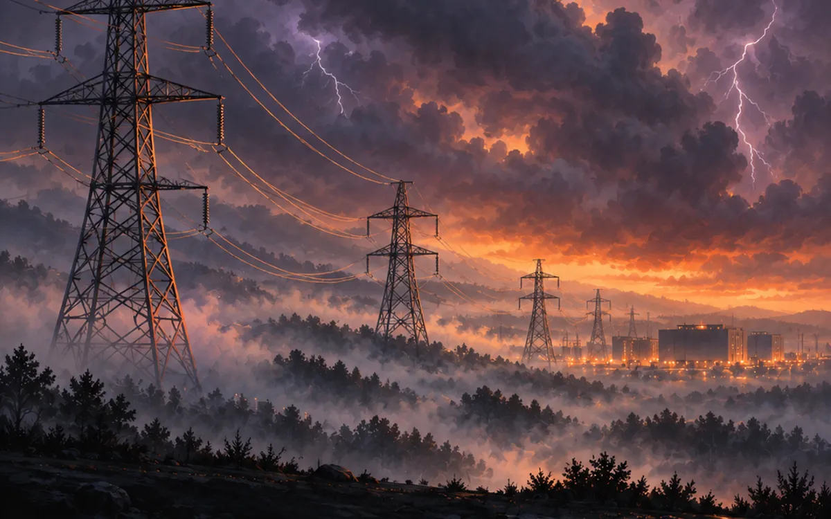 Illustration: power line towers in fog with a large orange sun
