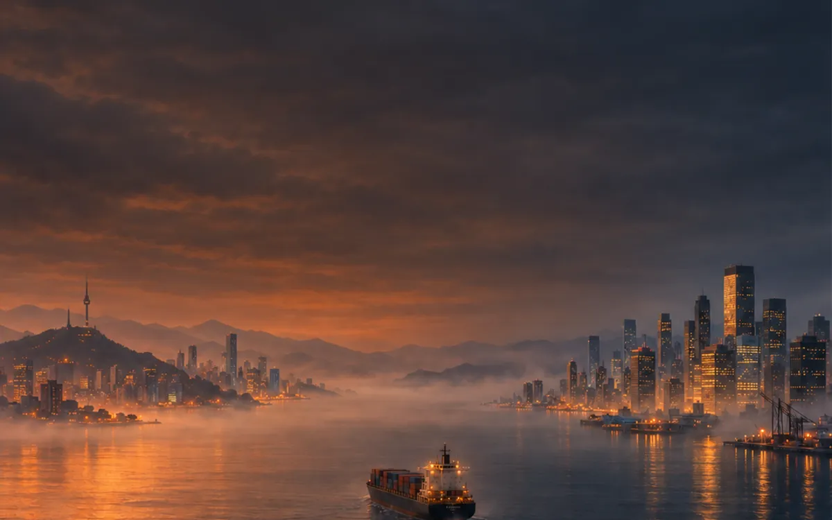 Illustration: two cities on opposite sides of a foggy sea, one at dusk and one at night