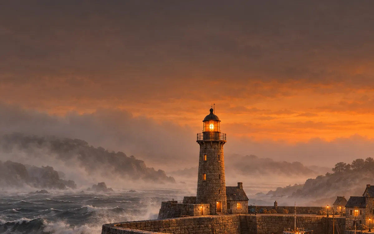 Illustration: a stone lighthouse and a calm harbor, with rough sea outside the breakwater