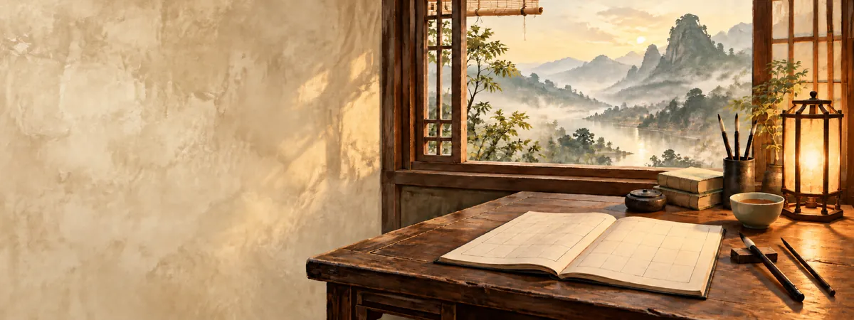 Illustration: a researcher's desk with an empty lined notebook and a lantern